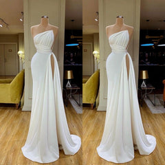Party Dress Brands, Strapless Creamy White High-split Pleated Long Prom Dress