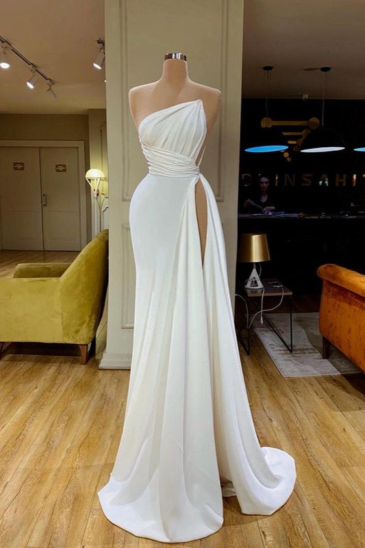 Party Dresses 2043, Strapless Creamy White High-split Pleated Long Prom Dress