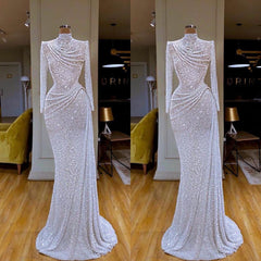 Party Dress Bridal, Sparkle White Sequin Long sleeves Pleated Long Prom Dress