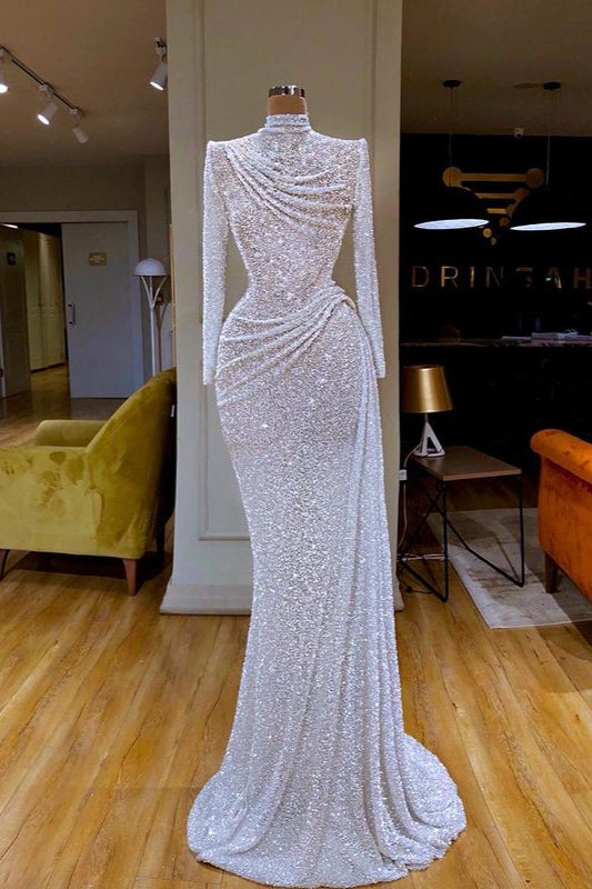 Party Dress Large Size, Sparkle White Sequin Long sleeves Pleated Long Prom Dress