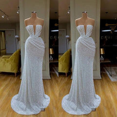 Party Dress Lace, Plunging V-neck Sparkle White Sequined Strapless Prom Dress