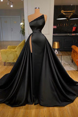 Party Dresses For Weddings, Sexy Black Beadings Prom Dress Long With Split On Sale