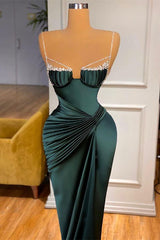 Party Dresses Sleeves, Gorgeous Dark Green Spaghetti-Straps Mermaid Prom Dress With Beadings
