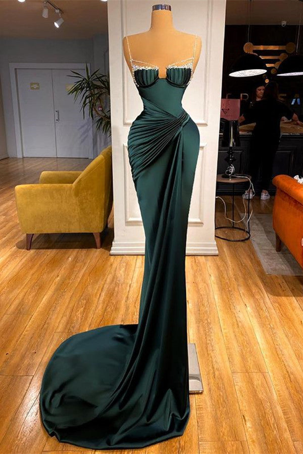 Party Dress Sleeves, Gorgeous Dark Green Spaghetti-Straps Mermaid Prom Dress With Beadings