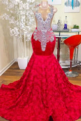 Party Dress Bridal, Charming Long Mermaid Jewel Satin Beading Prom Dress Red Formal Gowns