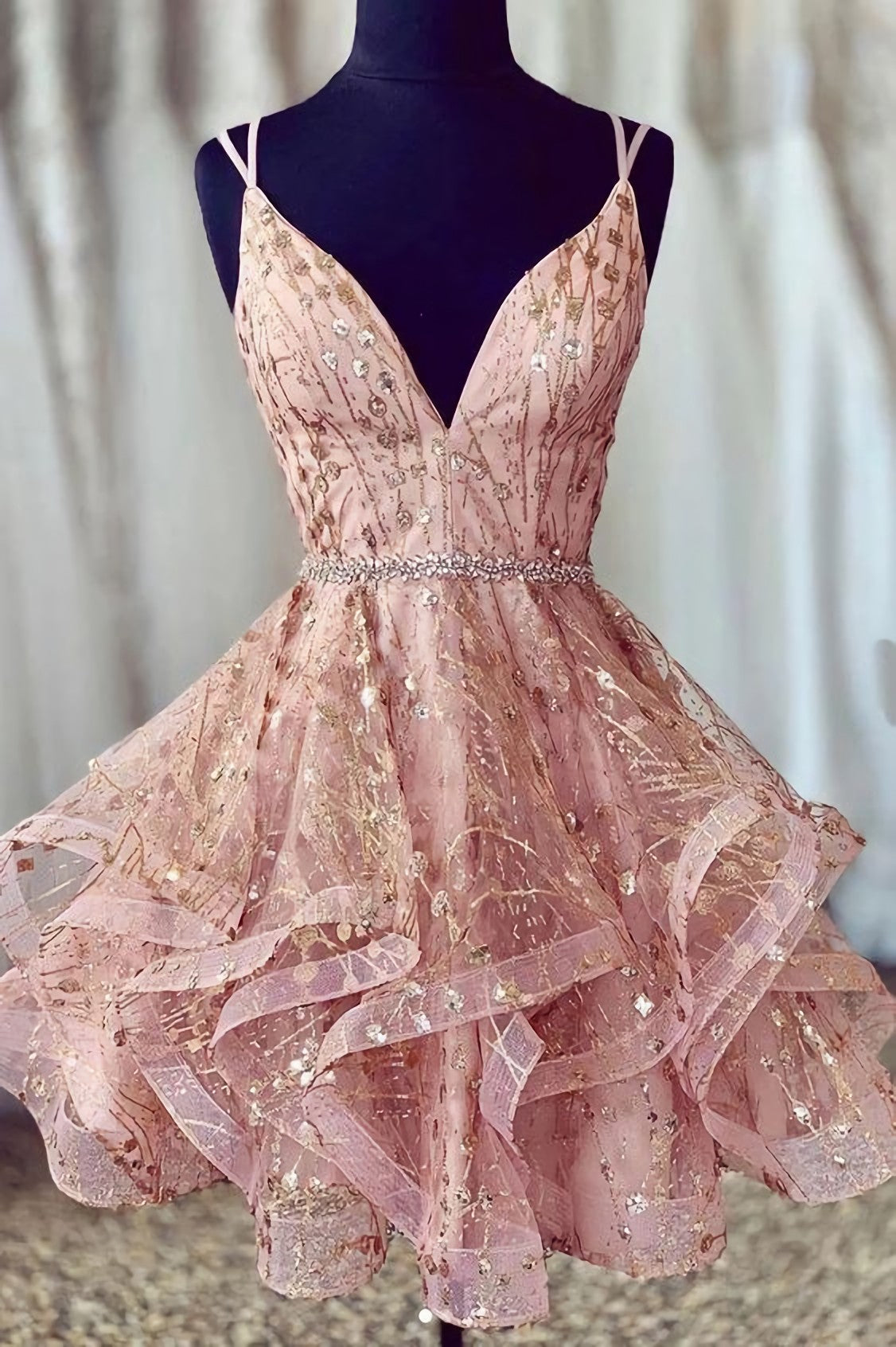 Evening Dresses 2028, A Line Spaghetti Straps Lace Up V Neck Pink Homecoming Dress, With Sequins