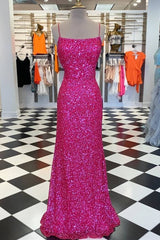 Prom Dress Pieces, Neon Pink Sequin Mermaid Long Formal Dress