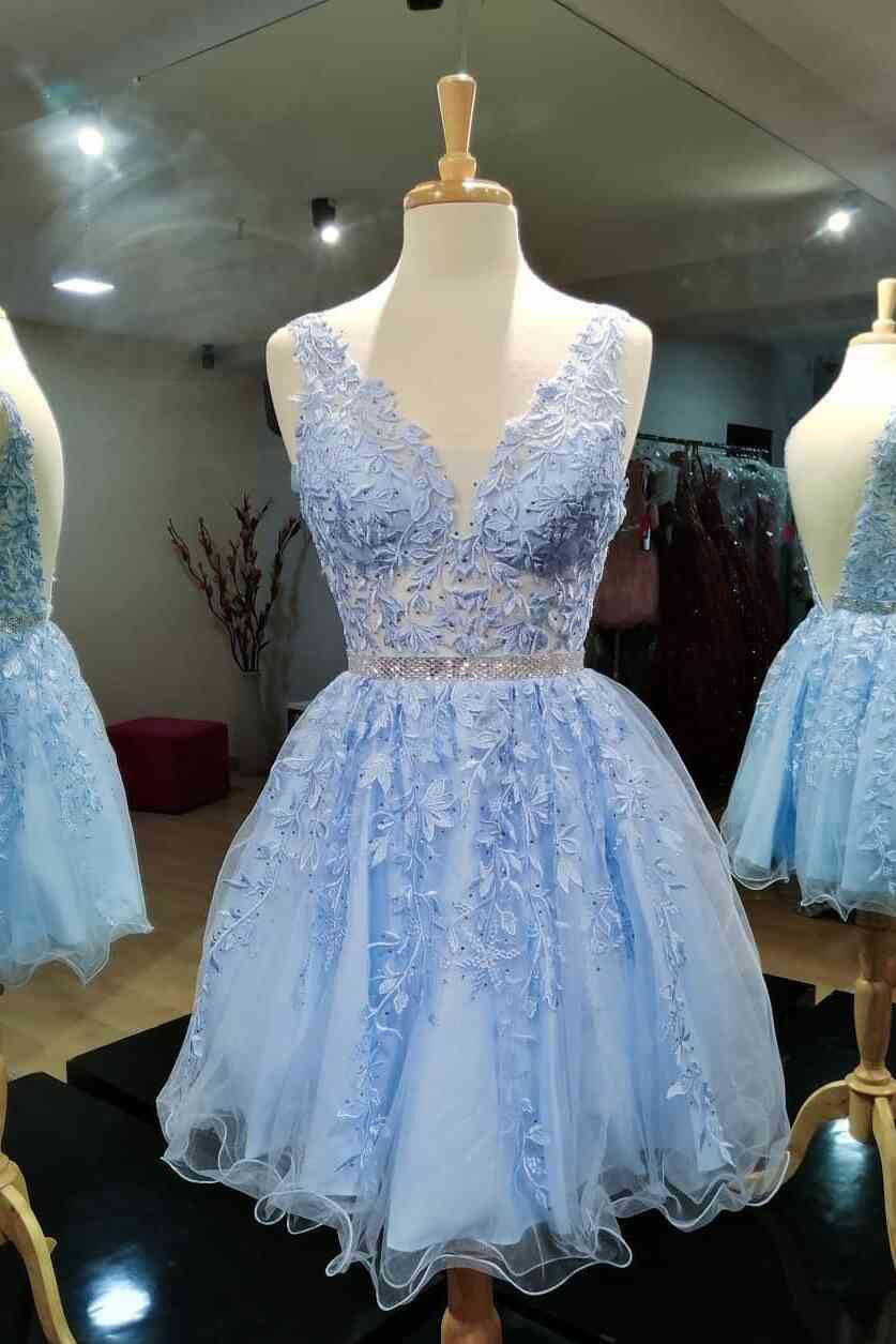 Bridesmaids Dress Short, Blue Sleeveless Rolled Lace V-Neck Short Prom Dresses, Homecoming Dresses
