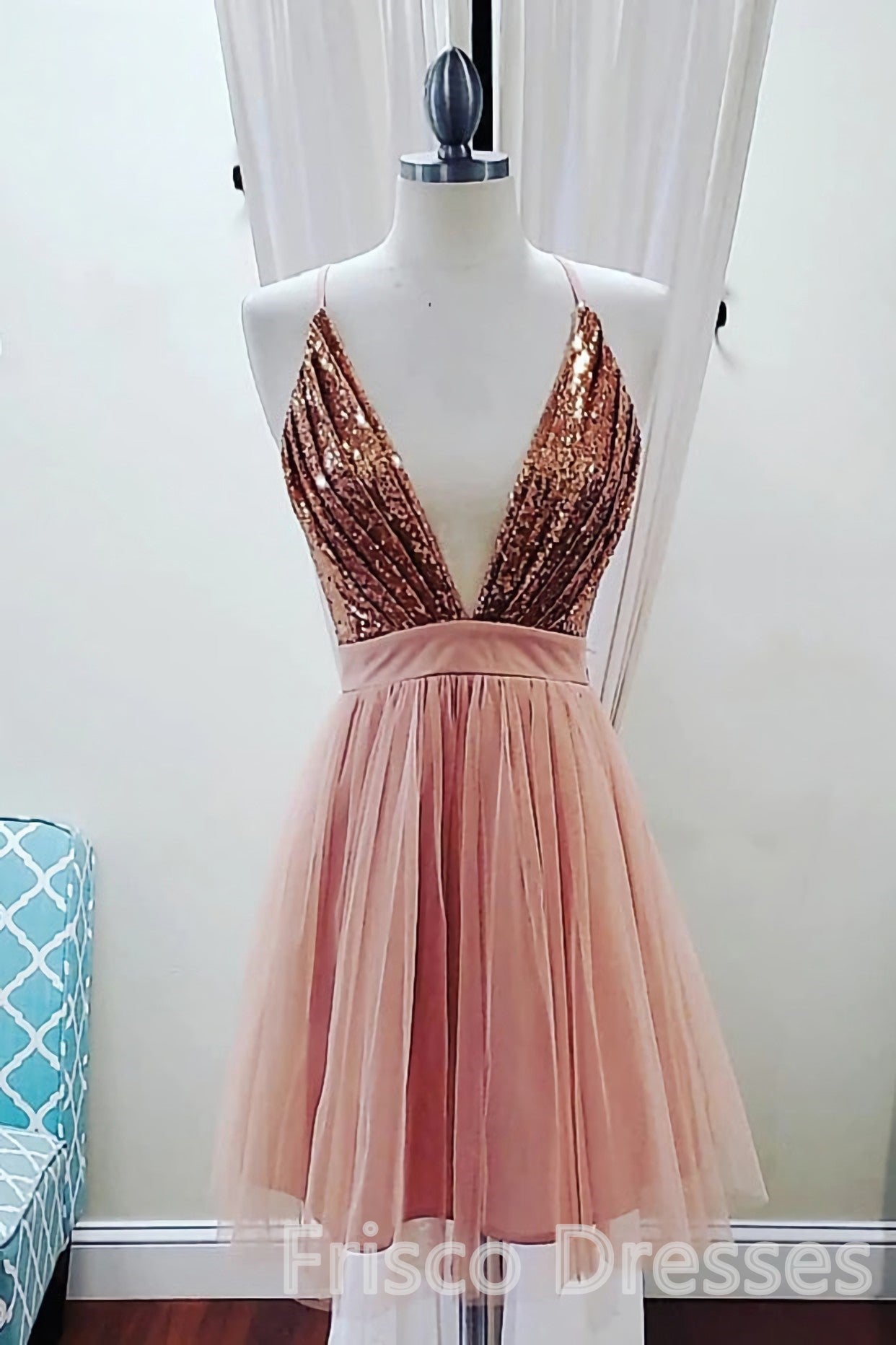 Party Dress And Gown, Deep V-neck Spaghetti Straps Sleeveless Sequins Short Prom Dresses, Homecoming Dresses