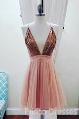 Party Dress And Gown, Deep V-neck Spaghetti Straps Sleeveless Sequins Short Prom Dresses, Homecoming Dresses