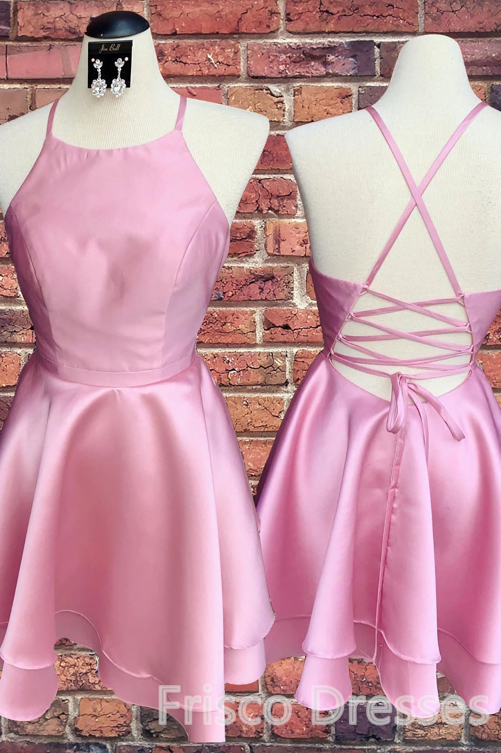 Party Dress Lady, Candy Pink Spaghetti Straps Sleeveless Stain Short Prom Dresses, Homecoming Dresses