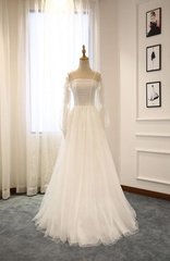 Wedding Dress Hire Near Me, White A-Line Straps Long Sleeves Tulle Long Wedding Dresses