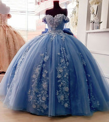 Party Dress Sleeves, Off Shoulder Ball Gown Quinceanera Dresses 3D Floral Applique Sweet 16 Gowns