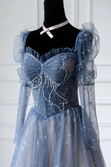 Sun Dress, Blue Sparkly Tulle Prom Dress with Long Sleeves, New Style Long Dress with Beading