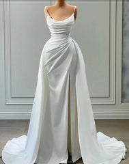 Wedding Dress On Sale, Beautiful White Long A-line Spaghetti Straps Wedding Dresses With Beads