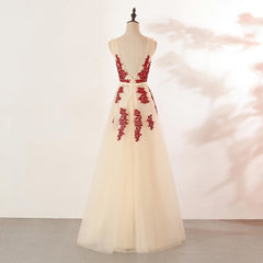 Party Dress Halter Neck, Ivory Tulle With Red Lace Applique V Neckline Prom Dress