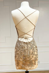 Homecomeing Dresses Vintage, Champagne Spaghetti Straps Tight Short Homecoming Dress with Appliques