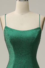 Party Dress Classy, Mermaid Spaghettti Straps Dark Green Sequins Long Prom Dress with Split Front