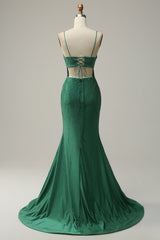 Party Dresses Shorts, Mermaid Spaghettti Straps Dark Green Sequins Long Prom Dress with Split Front