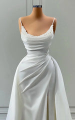 Wedding Dresses On Sale, Beautiful White Long A-line Spaghetti Straps Wedding Dresses With Beads