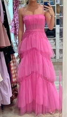 Prom Dress Off The Shoulder, Fashion Hot Pink Layered Ruffles Evening Gown A Line Tulle Long Prom Dresses