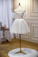 Bridesmaids Dresses Satin, Chic Ivory Spaghetti Straps Off The Shoulder Tulle Homecoming Dresses