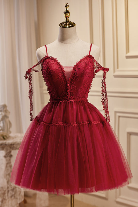 Bridesmaids Dress Red, Burgundy Spaghetti Straps V Neck A Line Tulle Short Homecoming Dresses
