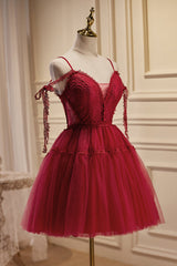 Bridesmaid Dress Red, Burgundy Spaghetti Straps V Neck A Line Tulle Short Homecoming Dresses