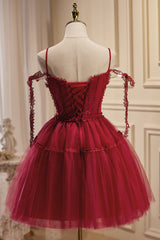 Bridesmaids Dresses Red, Burgundy Spaghetti Straps V Neck A Line Tulle Short Homecoming Dresses