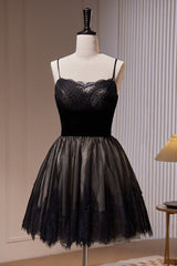 Bridesmaids Dress Black, Black Spaghetti Straps Lace Tulle Short Homecoming Dresses