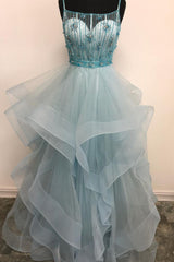 Fantasy Dress, Light Green Spaghetti Straps Tulle Prom Dress with Beading Crystal