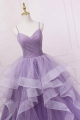 Fall Wedding Ideas, Purple Tulle Long Prom Dress, A-Line Spaghetti Strap Evening Gown