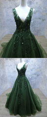 Prom Inspo, Dark Green V Neckline Lace Applique Low Back Formal Dress, Green Tulle Prom Dress