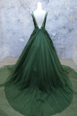Debutant Dress, Dark Green V Neckline Lace Applique Low Back Formal Dress, Green Tulle Prom Dress