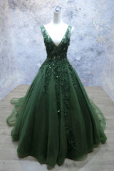 Cocktail Dress Prom, Dark Green V Neckline Lace Applique Low Back Formal Dress, Green Tulle Prom Dress