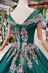 Bridesmaid Dresses Website, Luxury Green Round Neck Short Sleeves Prom Dresses with Beading