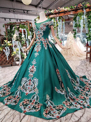 Bridesmaids Dress Websites, Luxury Green Round Neck Short Sleeves Prom Dresses with Beading