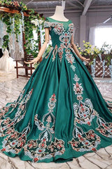 Bridesmaid Dress As Wedding Dress, Luxury Green Round Neck Short Sleeves Prom Dresses with Beading
