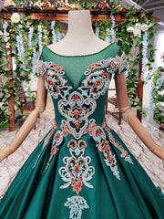 Bridesmaids Dresses Websites, Luxury Green Round Neck Short Sleeves Prom Dresses with Beading