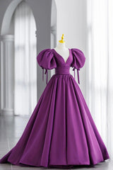 Bridesmaid Dress Floral, Purple Puff Sleeves Satin Long Prom Dress, V-Neck Evening Dress