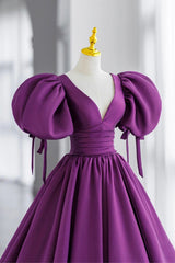 Bridesmaids Dresses Floral, Purple Puff Sleeves Satin Long Prom Dress, V-Neck Evening Dress