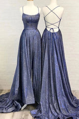 Party Dress Pattern, Beautiful Spaghetti Straps Backless Long Blue Party Prom Dresses