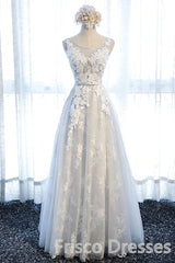 Party Dress Sale, Ivory And Light Blue Long A-line Lace Up Cute Prom Dresses Party Dresses