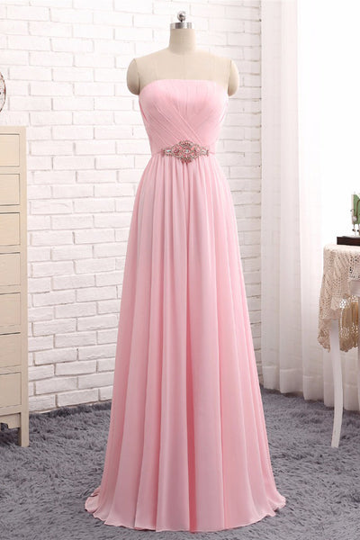 Club Outfit, Elegant Strapless A-line Pink Chiffon Long Prom Dresses Girly Dresses