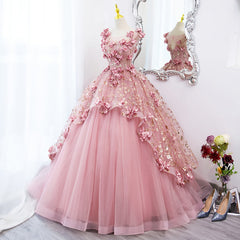 Formal Dresses Gown, Lovely Pink Tulle Long Party Dress With Flowers Pink Tulle Sweet 16 Gown
