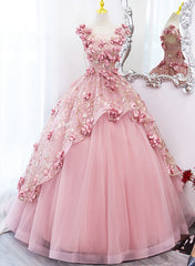 Formal Dress Shopping, Lovely Pink Tulle Long Party Dress With Flowers Pink Tulle Sweet 16 Gown