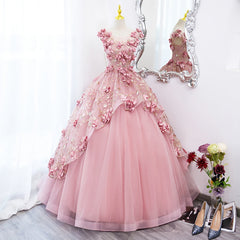 Formal Dress For Sale, Lovely Pink Tulle Long Party Dress With Flowers Pink Tulle Sweet 16 Gown