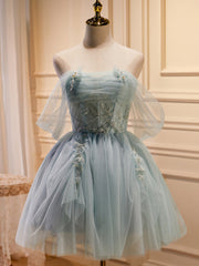 Prom Dresses Ballgown, Green Tulle Beaded Short Prom Dress, Cute Off Shoulder Homecoming Dress