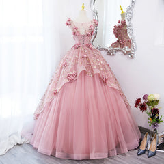 Formal Dresses For Sale, Lovely Pink Tulle Long Party Dress With Flowers Pink Tulle Sweet 16 Gown