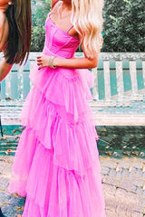 Prom Dresses Blue Long, Fashion Hot Pink Layered Ruffles Evening Gown A Line Tulle Long Prom Dresses